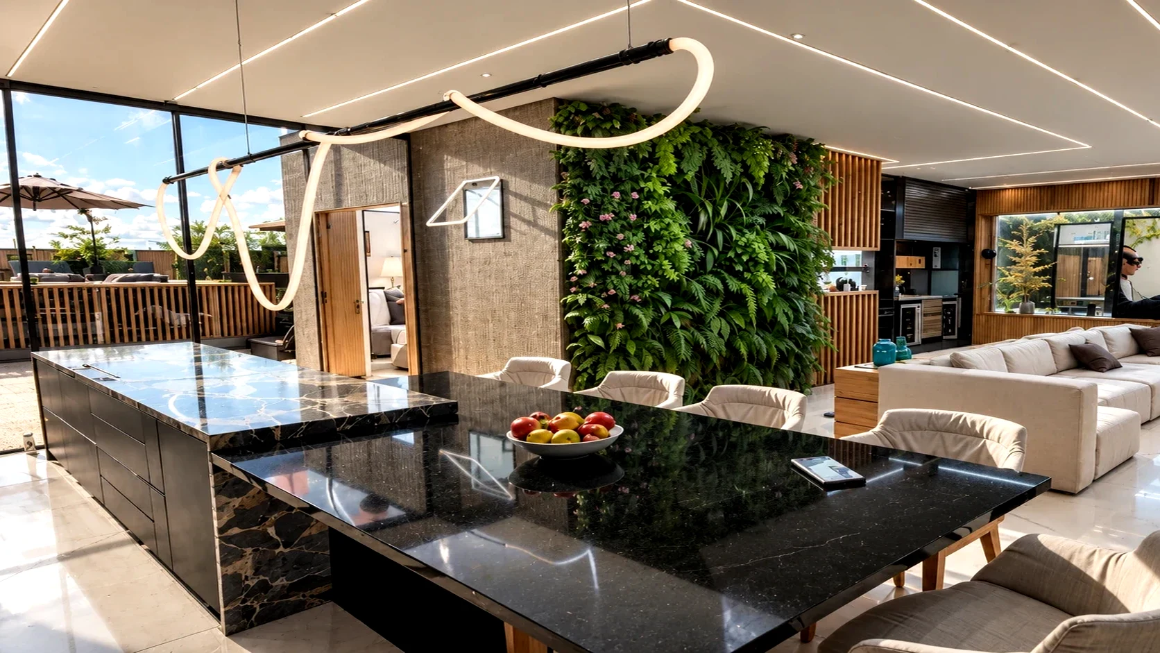 Stone and timber kitchen and salon opening out to an expansive sunlit terrace.
