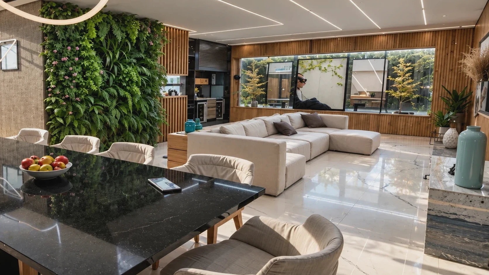 Minimalist kitchen island clad in honed architectural stone adjacent to sunlit living room.