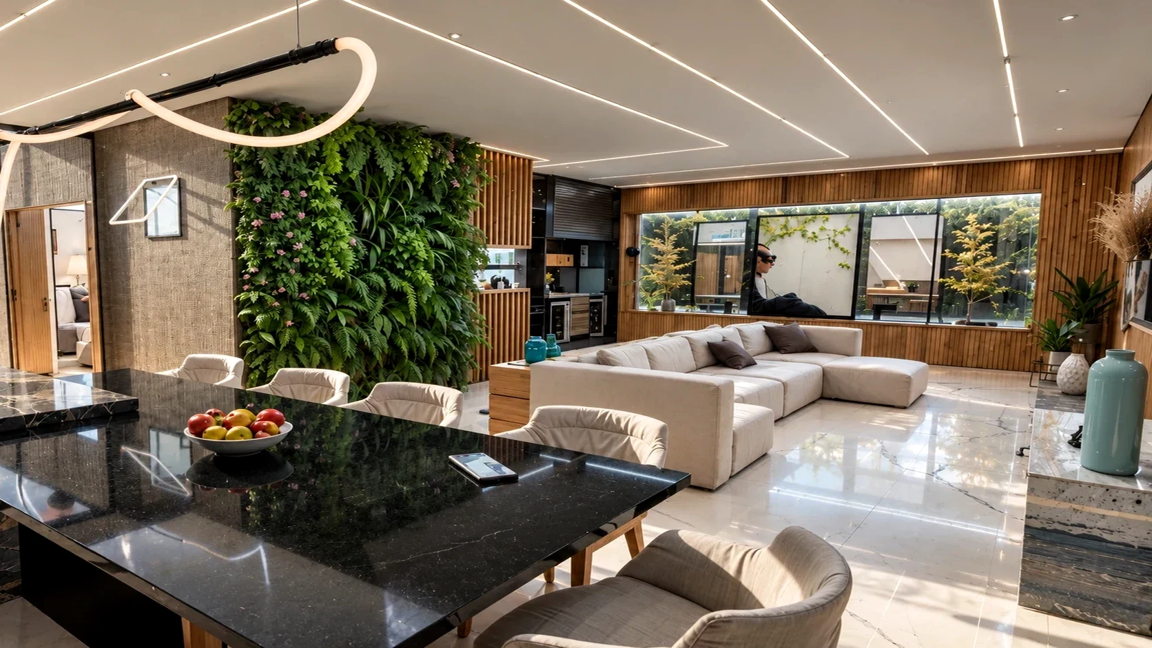 Granite and charcoal-toned gourmet kitchen connected to the panoramic outdoor terrace.