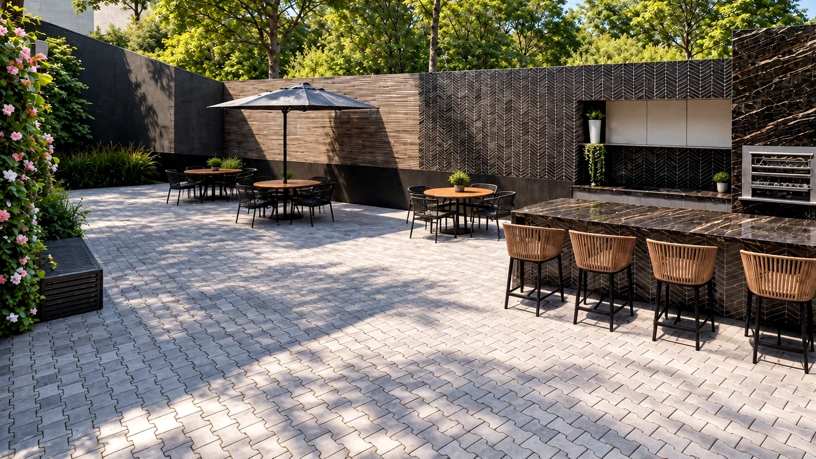 Elevated wooden deck with sun loungers and manicured private gardens at sunset.
