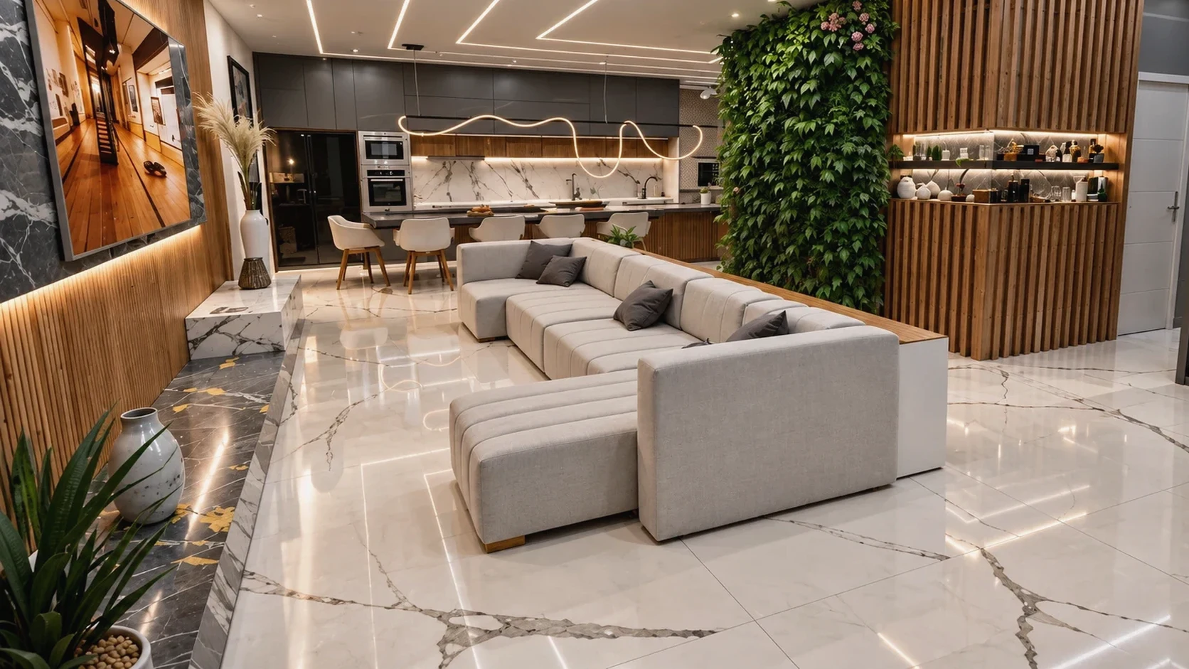 Living room with bespoke slatted wood paneling and elegant private cocktail bar.