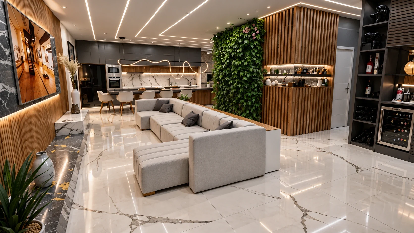 Grand salon with light-toned upholstery, organic wood, textured stone, and vertical greenery.