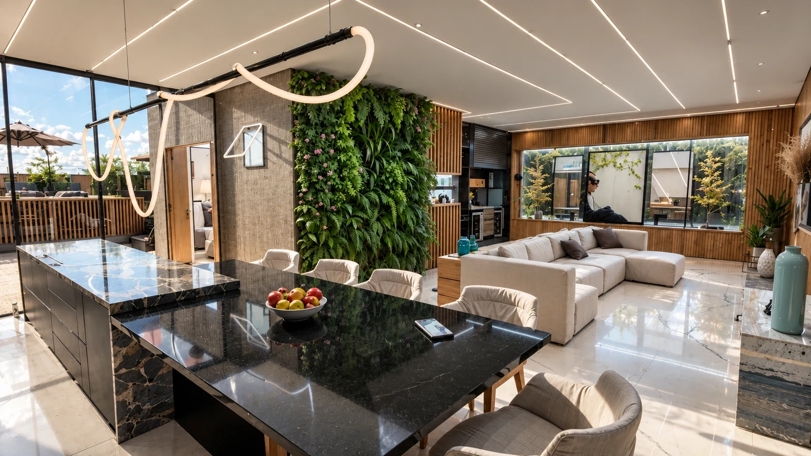 Integrated chef kitchen, designer dining table, and living salon filled with natural Dubai daylight.
