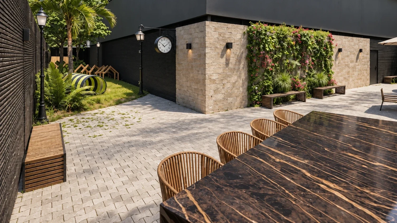 Dedicated private landscaped wellness park and play lawns for residents.