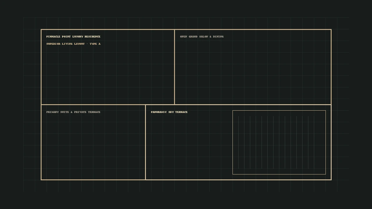 Architectural floor plan study with bedrooms, integrated salon, and panoramic terrace.