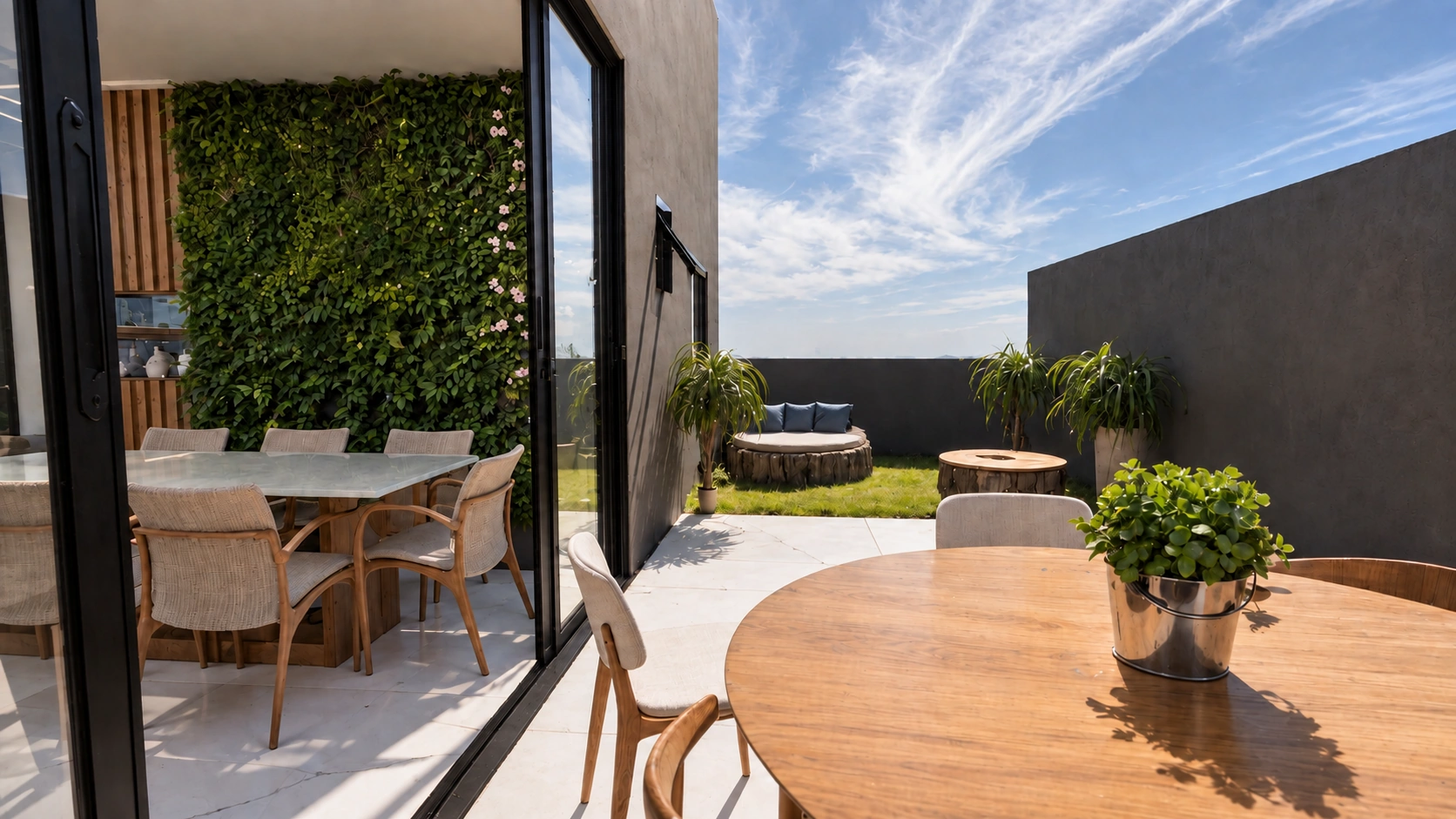 Handcrafted wooden dining table on the terrace connected to landscaped greenery.
