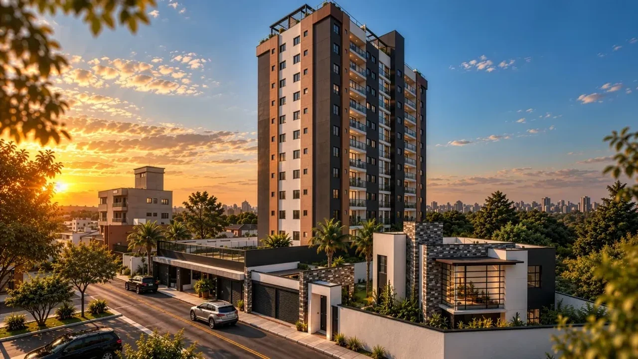 Striking modern residential tower rising into golden sunset sky over landscaped boulevard.